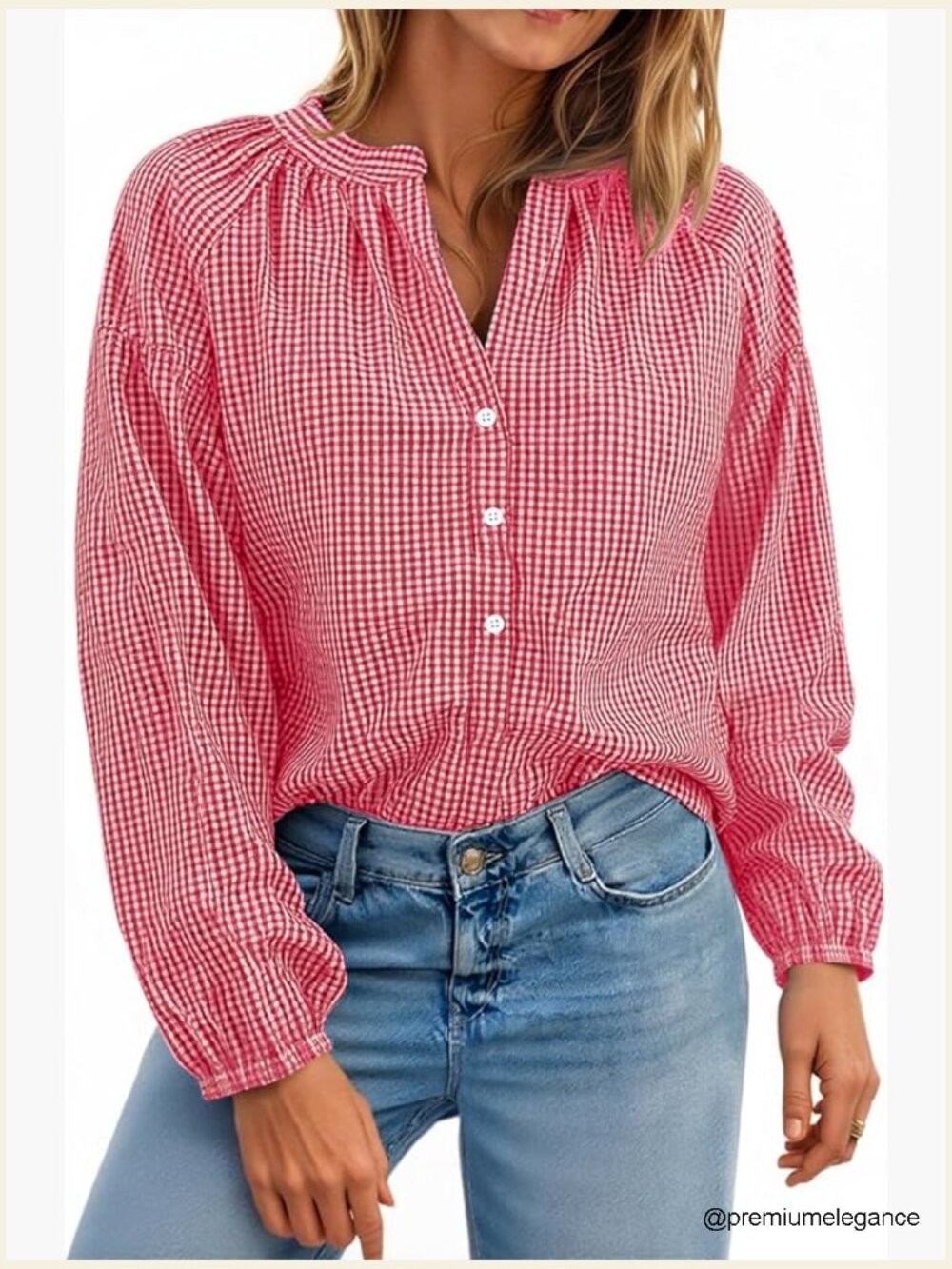 Puff Long Sleeve Blouse Gingham Pleated V Neck Button Down Shirts Loose Fit
